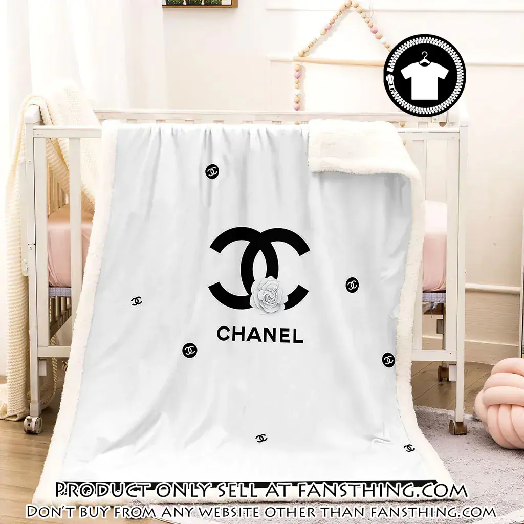 Chanel white roses black logo luxury brand premium blanket fleece home decor fst4928060